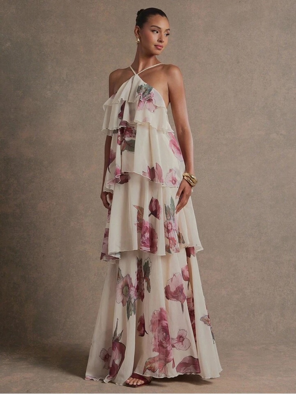 Ivory Floral Tiered Halter Maxi Dress - Picture 2 of 6